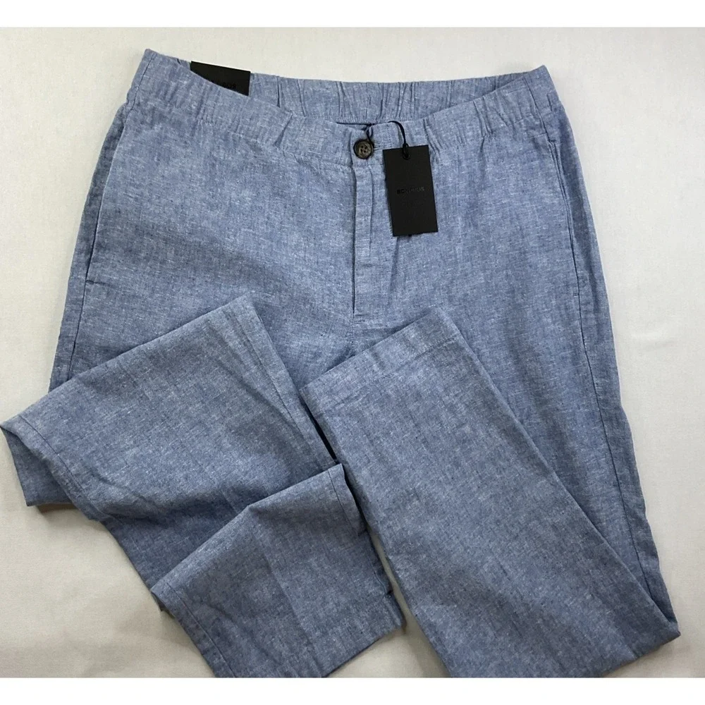 Bonobos Pants Men Sz M Linen Blend Blue Chambray Tapered Drawstring Trousers NWT
